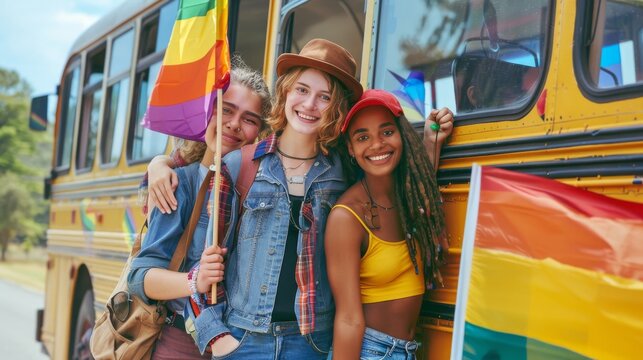 Diverse friends celebrating pride with flags, standing by a school bus. Outdoor fun, vibrant colors, and togetherness.