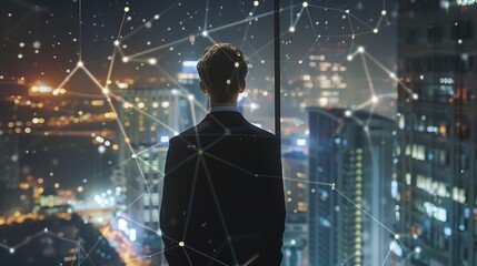 Young business man standing in the office watching the modern city night view with abstract polygon pattern connection with speed line light SMART Business Goal concept : Generative AI