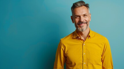Obraz premium Portrait of charming mature man true boss feel content emotions wear yellow shirt isolated over blue color background : Generative AI
