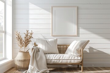 Frame mockup with a minimalist line art piece, set against a white shiplap wall in a bright living space.