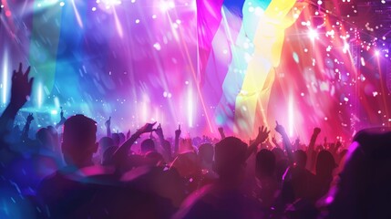 Colorful crowd at a music festival with rainbow lights and raised hands, enjoying a vibrant concert atmosphere under a bright, lit stage.