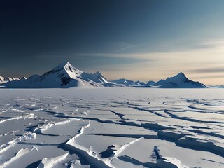 Mountain with snowfields and ice caps, endless expanses of white, cold and desolate, polar landscape, generative AI