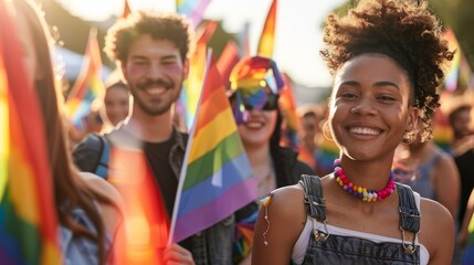 Cheerful group of people waving rainbow flags at a pride parade, celebrating diversity, inclusion, and LGBTQ+ rights.