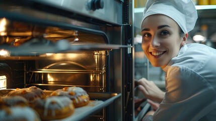 A female baker looks at the camera baking bread in a modern electric oven in the kitchen.