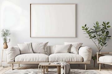 Frame mockup with a pastel-colored minimalist art piece, enhancing the soft decor of a contemporary living room.