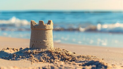 Small sandcastle on sunny beach near ocean waves