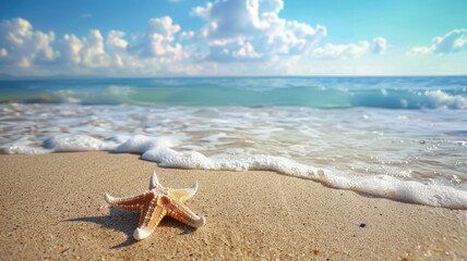 Fototapeta premium Starfish on sandy beach near calm ocean waves under sunny blue sky