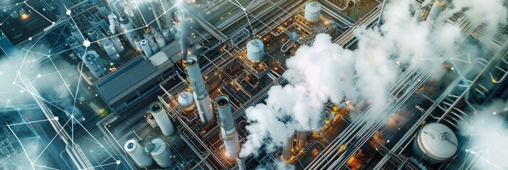 Modern industrial area aerial view and cloud computing concept. Communication network. Industry 4.0. Factory automation.