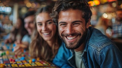 Obraz premium a man and a woman smiling at a table with a board game