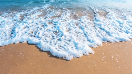 Gentle ocean waves lapping onto sandy shore under clear blue skies