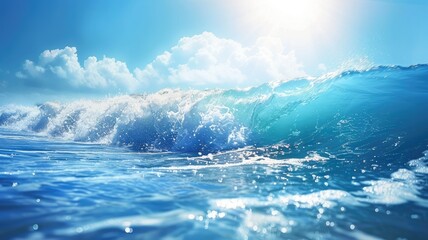 Vibrant ocean wave under bright sunlight with clear blue sky