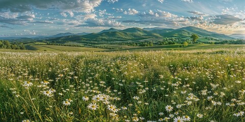 A lush meadow filled with blooming daisies under a clear blue sky, set against scenic green hills