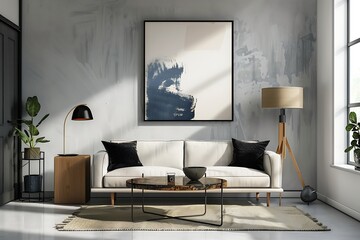 Frame mockup with a set of abstract expressionist brush strokes, creating a bold statement in a minimalist living room.