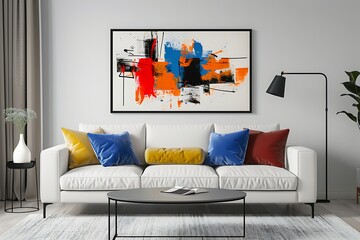 Frame mockup with a set of abstract expressionist brush strokes, creating a bold statement in a minimalist living room.