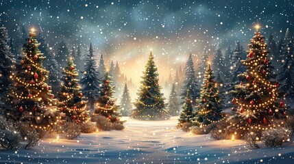 Twilight Winter Wonderland: Christmas Trees Forest with Snowy Night & Decorations - Illustration - Powered by Adobe
