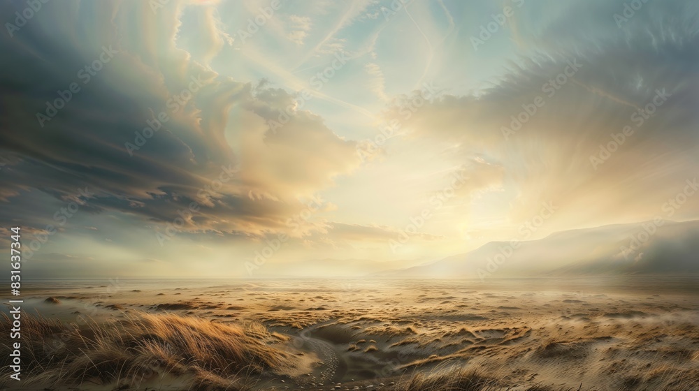 Poster A stunning sunrise casts warm light over a tranquil desert, with dynamic clouds painting the sky