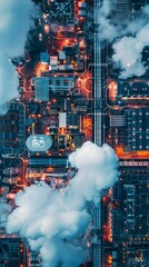 Modern industrial area aerial view and cloud computing concept. Communication network. Industry 4.0. Factory automation.