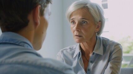 Obraz premium Female discussing new project with male colleague Mature woman talking with young man in office : Generative AI