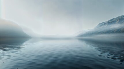 Mist covers the still waters of a fjord flanked by snowy cliffs on a peaceful winter morning