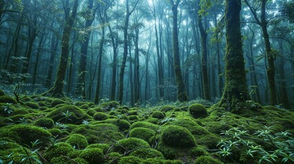 A dense forest with tall trees and lush, moss-covered ground bathed in soft daylight