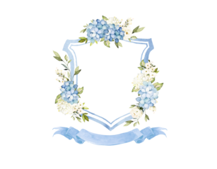 Light Blue White Watercolor Flowers Wedding Crest template PNG. Wedding Design