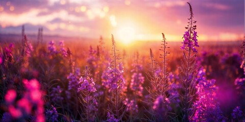 A field of purple flowers blooming under the suns glow
