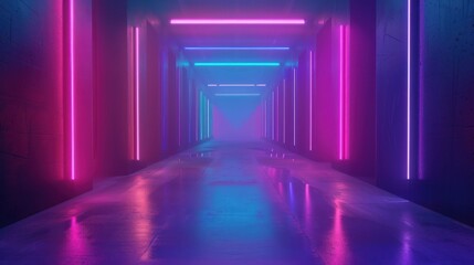 Cyberpunk futuristic spaceship corridor glowing neon light blue purple color scene