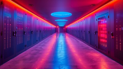 a long hallway with a bunch of lockers and neon lights - Powered by Adobe