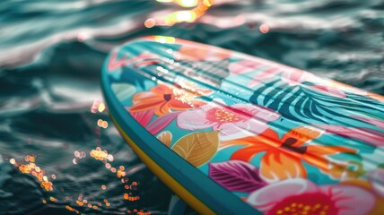Colorful surfboard with floral pattern floating on ocean waves