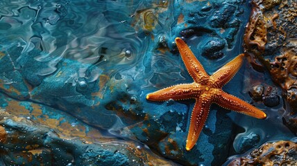 Bright orange starfish on textured, colorful seashore rocks with water ripples