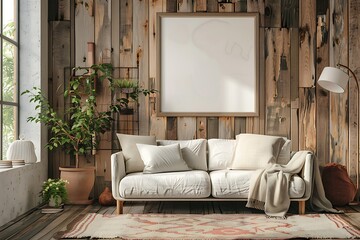 Frame mockup with a whimsical forest illustration, adding a touch of nature to a rustic living room.
