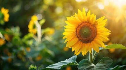 Sunflower in sunlit garden with green leaves and blurred background