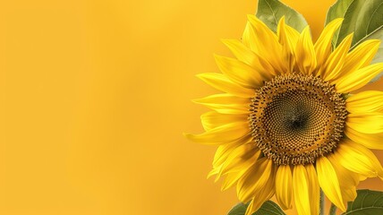 Obraz premium Bright yellow sunflower with green leaves on background