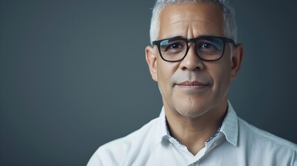 Obraz premium Portrait of a mature businessman wearing glasses on grey background Happy senior latin man looking at camera isolated over grey wall with copy space Close up face of happy successful b : Generative AI