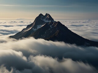 Isolated mountain peak emerging from a sea of clouds, floating in the sky, ethereal and otherworldly, mystical landscape, generative AI