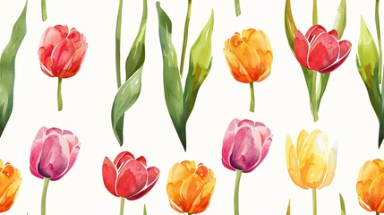 seamless pattern flat watercolor tulips and stems bright vibrant colors