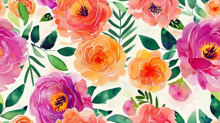 seamless pattern flat watercolor peonies and foliage bright vibrant colors