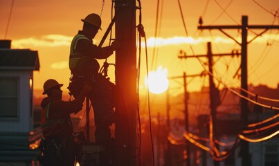 Naklejka premium Men working at an electric pole during a sunset