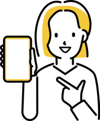 定番　伝わる 人物イラスト　スマホを指さす笑顔の女性　20代　30代