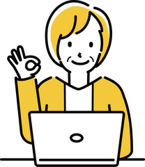 定番　伝わる 人物イラスト　ノーPCの前でOKポーズ　50代60代女性