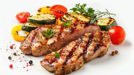 Grilled pork fillet and vegetables on a white backdrop barbecued pork