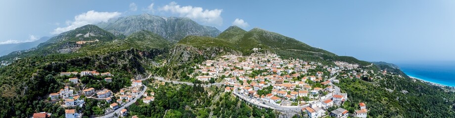 Panorama of Dhermi from a drone, Village in Ceraunian Mountains, Albania