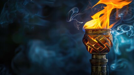 Close-up of lit torch with intricate design emitting smoke on dark background - Powered by Adobe