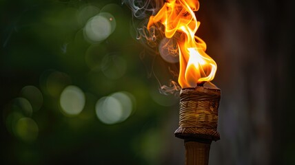 Burning torch with woven handle and flames against blurred green background