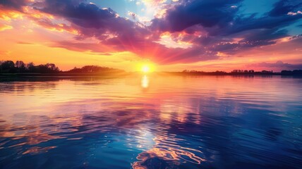 Obraz premium Scenic sunset over calm lake with vibrant colors and clouds