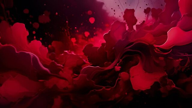 Vibrant fluid art featuring intense pink and red hues with flowing patterns. The dynamic shapes and splashes create a sense of energy and passion, evoking emotions of boldness and creativity.
