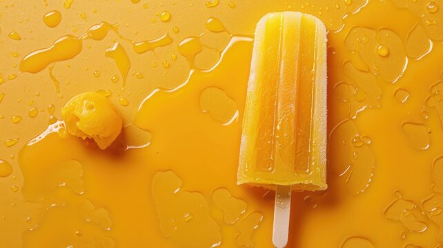 Yellow popsicle on orange background with melted juice
