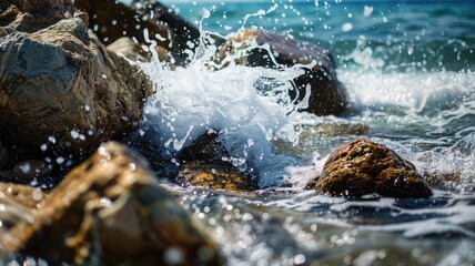 Waves crashing on rocky shore creating stunning splash