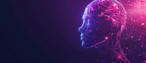 Abstract polygonal wireframe human brain exploding nerve cell on purple color scene with copy space