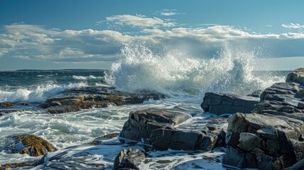 Rough ocean waves crashing against rocky shore under blue sky with scattered clouds - Powered by Adobe